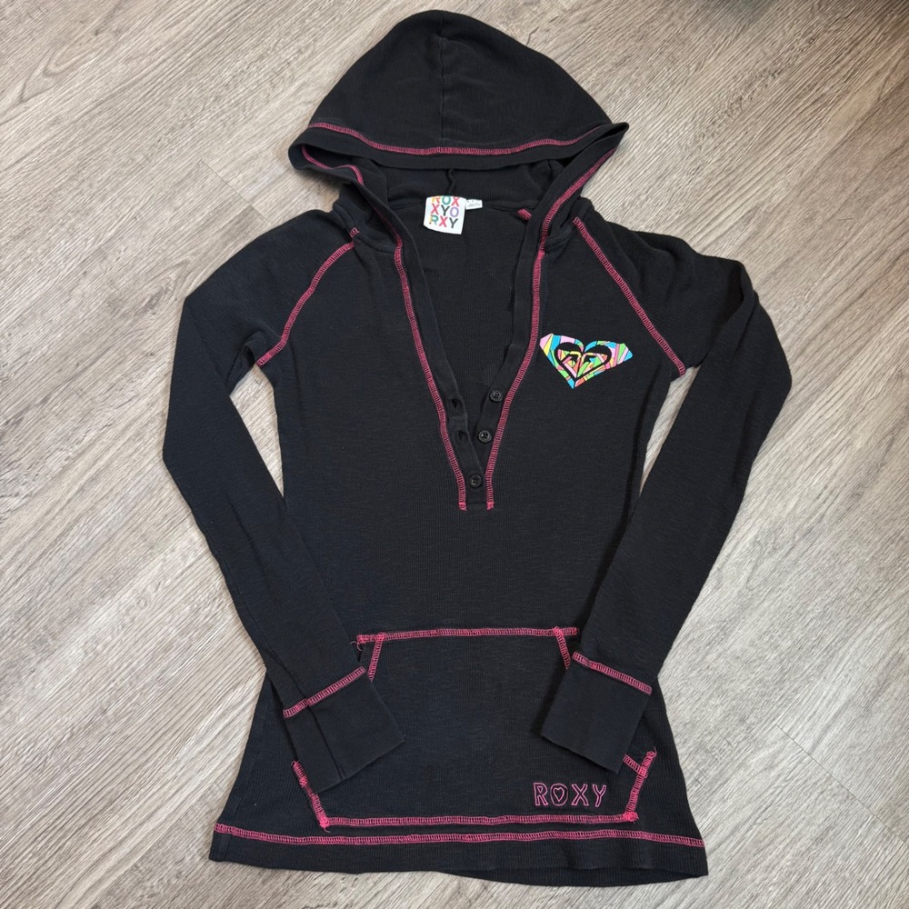 Roxy Womens Thermal Henley Hoodie Black Pink Waffle Knit Geometric Graphic Small